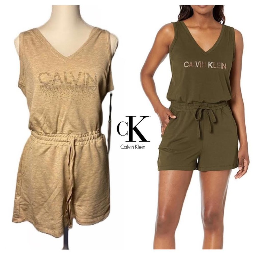 NWT $59 CALVIN KLEIN women M Everyday V-neck Sleeveless LOGO Gold Bling Romper